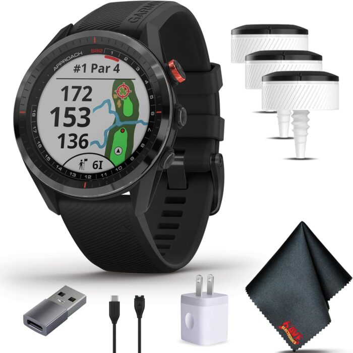 Garmin Approach S62 Golf Watch, Premium GPS Smartwatch, Built-in Virtual Caddie Bundle with 3X Approach CT10 Automatic Club Tracking System + USB Charging Adapter + More Accessories