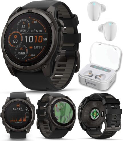 Garmin Fenix 8 – 51 mm, Solar, Sapphire, Carbon Gray DLC Titanium GPS Smartwatch with Black/Pebble Gray Silicone with Wearable4U White Earbuds Bundle