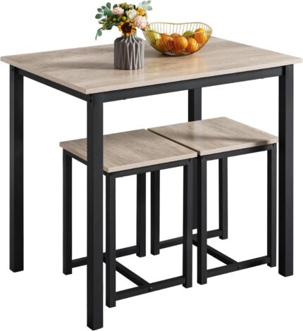 Yaheetech 3 Piece Dining Table Set – Kitchen Table & Chair Sets for 2 – Compact Table w/ 2 Stools & Space Saving Design for Dining Room Living Room Kitchen, Gray