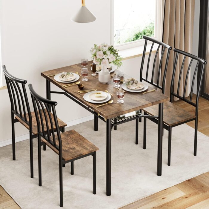 Dining Table Set for 4, Kitchen Table and Chairs for 4, Rectangular Dining Room Table Set with Wine Rack, 5 Piece Dining Table Set for Small Space, Apartment, Rustic Brown