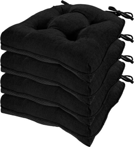 HARBOREST Chair Cushions for Dining Chairs Set of 4 – Chenille Tufted Kitchen Chair Cushions with Ties and Non-Slip Bottom, Memory Foam Chair Pads for Dining Chairs, 17″ x 17″, Black