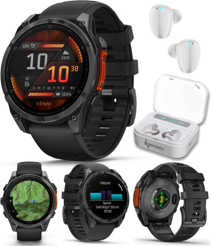 Wearable4U Garmin Fenix 8 – 47 mm, AMOLED Multisport GPS Smartwatch, Slate Gray with Black Silicone Band, Built-in LED Flashlight White Earbuds Bundle