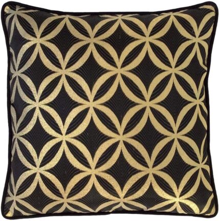 Satin Circle Lattice Decorative Black-Gold Pillow Cover 18″x18″ Square Geometric Pattern Sham with Black Satin Piping for Home Decor, Sofa, Couch, Patio