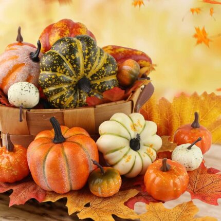 HAKACC 14 PCS Artificial Lifelike Simulation Mixed Pumpkins for Decorating, Fake Pumpkins with 30PCS Fake Maple Leaves Festival Thanksgiving Fall Harvest Home Decoration