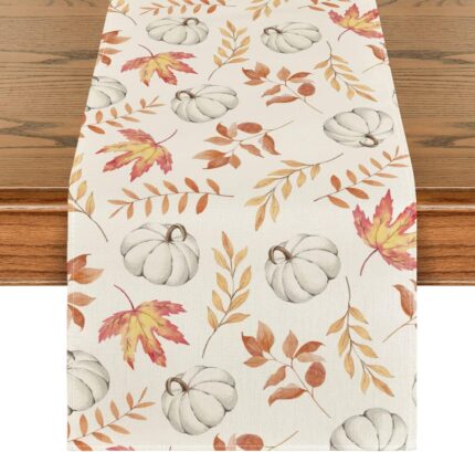 Artoid Mode Orange Pumpkins Fall Maple Leaves Fall Table Runner, Seasonal Autumn Kitchen Dining Table Decoration for Home Party Decor 13×72 Inch