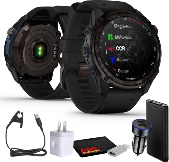 Garmin Descent Mk3i, Dive Computer Smartwatch 51MM, Carbon Gray DLC Titanium with Black Silicone Band, Air Integration and Multisport GPS Training Fitness Watch Bundle with Accessories