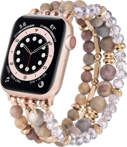 VISOOM Beaded Boho Bracelet Compatible for Apple Watch Band 42mm/44mm/45mm Series 9 8 7 SE Series 6/5/4 Women Fashion Cute Handmade Crystal Beads Stretchy Watch Strap for iWatch Bands Series 3/2/1