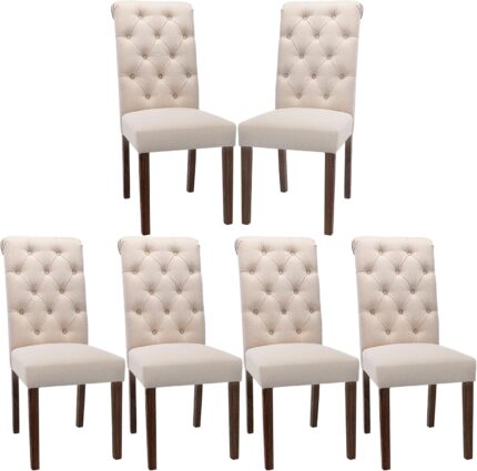 COLAMY Button Tufted Dining Chairs Set of 6, Accent Parsons Diner Chair Upholstered Fabric Dining Room Chairs Stylish Kitchen Chairs with Solid Wood Legs and Padded Seat – Dark Beige