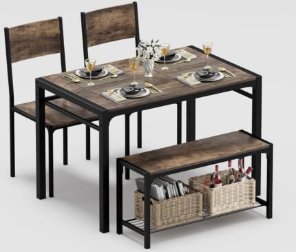 JUMMICO 43.3″ Dining Table Set for 4, Kitchen Table with Bench & 2 Chairs Modern Rectangular Metal Frame Dining Furniture Set for Small Space (Rustic Brown)