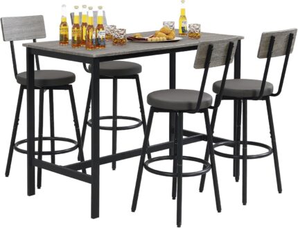 Tatub Bar Table and Chairs Set of 4, 5 Piece Dining Table Set, Counter Height High Dining Table Set for 4, High Top Kitchen Table Chairs Set, Breakfast Table Set for 4 for Dining Room, Gray