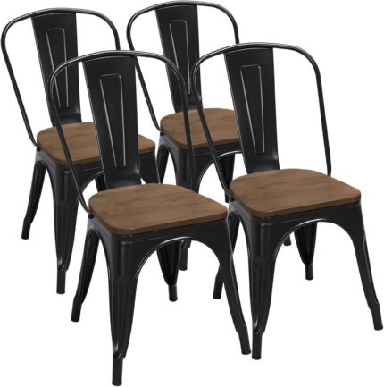 Yaheetech 18 Inch Classic Iron Metal Dining Chair with Wood Top/Seat Indoor-Outdoor Use Chic Dining Bistro Cafe Side Barstool Bar Chair Coffee Chair Set of 4 Black