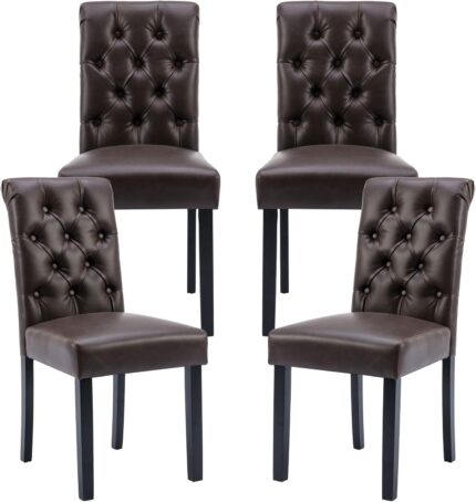 Farmhouse Dining Chairs Set of 4, PU Leather Kitchen Chairs, Modern Tufted Accent Chairs Solid Wood Parsons Side Chairs for Home/Living Room/Bedroom/Resturant, Chocolate