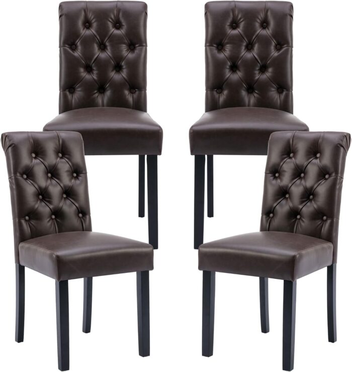 Farmhouse Dining Chairs Set of 4, PU Leather Kitchen Chairs, Modern Tufted Accent Chairs Solid Wood Parsons Side Chairs for Home/Living Room/Bedroom/Resturant, Chocolate