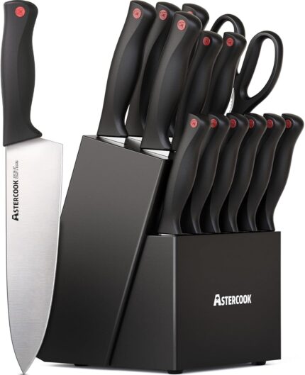 Astercook Knife Set, 15 Pieces Kitchen knives Set with Built-in Sharpener, High Carbon German Stainless Steel Chef Knife Block Sets, Sharp & Rust Resistant Dishwasher Safe, Black