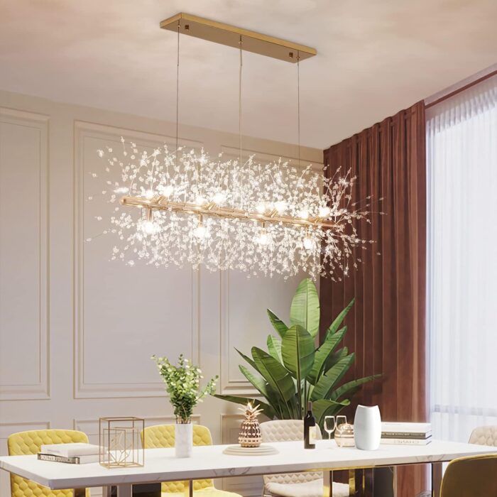 12-Light Crystal Firework Chandelier, Modern Dining Room Lighting Fixtures Hanging, Gold Metal Firework Ceiling Light Fixture for Dining Room Living Room