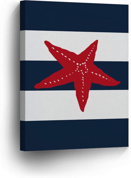 Starfish Red Illustration Navy Blue and White Striped Background Nautical Decor CANVAS PRINT Coastal Wall Art Home Decoration Stretched Ready to Hang-%100 Handmade in the USA- 28×19