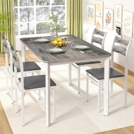 DKLGG Dining Table Set for 4, 43.3″ Dining Room Table with 4 Upholstered PU Leather Chairs, Modern Wood Kitchen Table and Chairs Set, 5-Piece Dinette Set for Breakfast Nook, Small Places, Grey