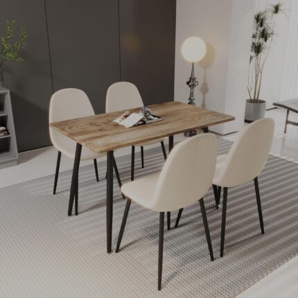 Small Dining Table Set for 4, Modern Dining Table and Chairs Set with 4 Fabric Dining Chairs, 5 Piece Wooden Dining Table Set, 47” Kitchen Table Set, Ideal for Small Spaces