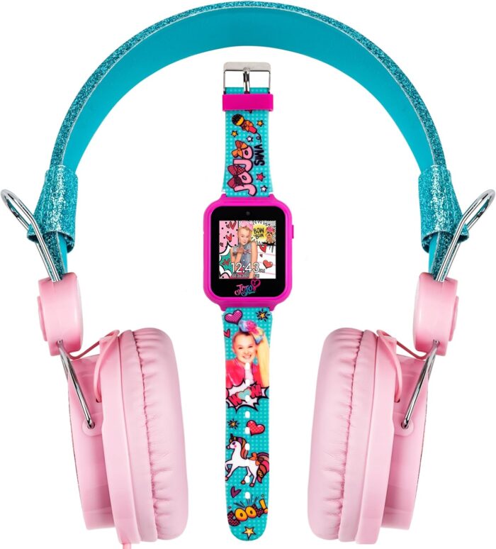 Accutime JoJo Siwa Headphone and Smart Watch Combo – Interactive Learning Watch with Games, Pink & Blue Adjustable Headphones, 10 Custom Faces, Gift Set for Girls