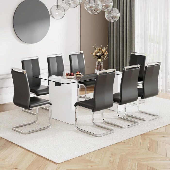 71” Dining Table Set for 8, Modern Tempered Glass Table with 8 Leather Ergonomic Chairs, Kitchen Table and Chairs for 8