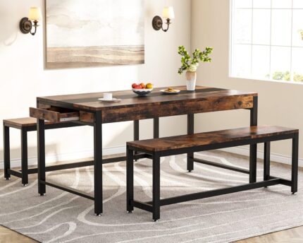 Tribesigns 63 Inch Large Dining Table Set for 4 to 6, Kitchen Breakfast Table with 2 Benches & Sided Drawer, 3-Piece Modern Industrial Bar Table Furniture for Dining Room, Rustic Brown & Black