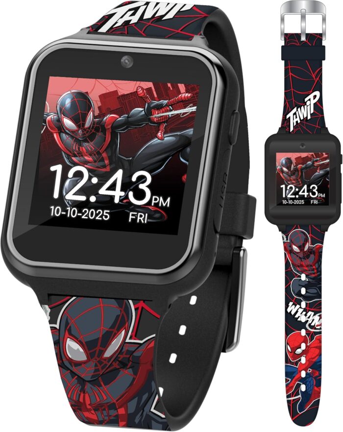 Accutime Kids Marvel Spider-Man Miles Morales Black Educational Touchscreen Smart Watch Toy for Boys, Girls, Toddlers – Selfie Cam, Learning Games, Alarm, Pedometer & More (Model: SPD4664AZ)