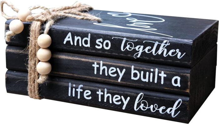 LIVDUCOT Book Stack Decor Black | Farmhouse Stacked Books | Coffee Table Books Decor | Wooden Bookstack Mantle Decoration | And So Together They Built A Life They Loved 7.5x5x3′