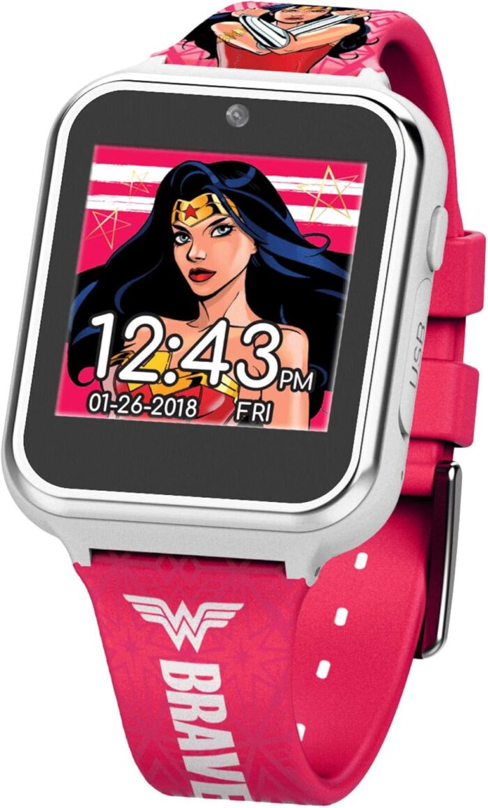 Accutime Kids DC Comics Wonder Woman Pink Educational Learning Touchscreen Smart Watch Toy for Girls, Boys, Toddlers – Selfie Cam, Learning Games, Alarm, Calculator, Pedometer (Model: WOW4195AZ)