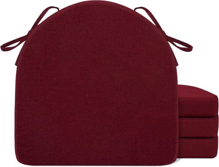 Chair Cushions for Dining Chairs, 4 Pack Memory Foam Non Slip Kitchen Chair Pad and Dining Seat Cushions with Ties and Removable Cover, 17 x 16.5 Inches, Wine Red