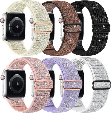 Bling Nylon Stretchy Bands Compatible With Apple Watch Bands 42mm 44mm 45mm 49mm For Women Girls, Adjustable Braided Solo Loop Sport Bands For iWatch Series Ultra 10 9 8 7 6 5 4 3 2 1 SE, 6 Packs