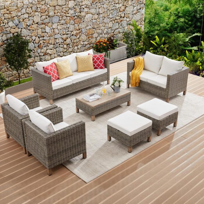 7 Pieces Sectional Sofa with Metal Top Coffee Table, Hand Woven Wicker Rattan Conversation Set, Outdoor Furniture for Poolside, Garden, Porch PE Rattan Sofa Set (Beige)