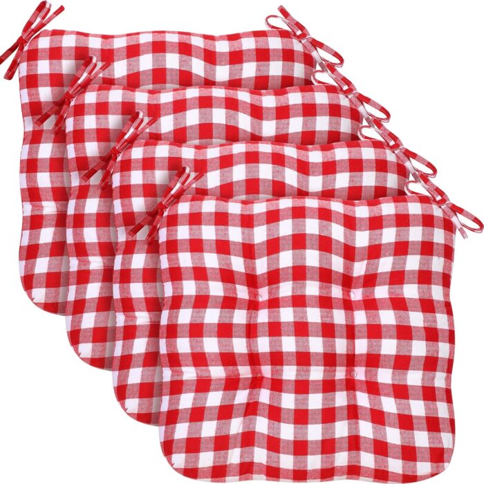 Geetery 4 Pack Chair Cushions Dining Kitchen Office Chair Seat Cushion Kitchen Chair Pads with Ties Buffalo Plaid Patio Outdoor Chair Cushions for Dining, Outdoor, Patio, Chair (Red, White)