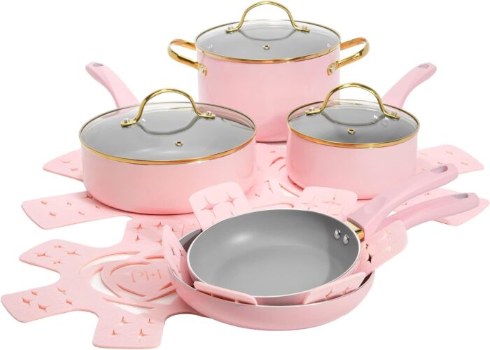 Paris Hilton Epic Nonstick Pots and Pans Set, Multi-layer Nonstick Coating, Tempered Glass Lids, Soft Touch, Stay Cool Handles, Made without PFOA, Dishwasher Safe Cookware Set, 12-Piece, Pink