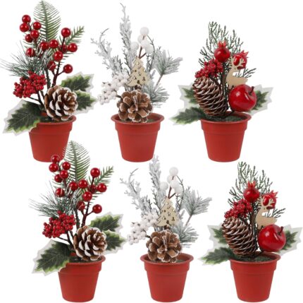 winemana Mini Christmas Tree Table Decorations, 6 Pcs Small Artificial Tree with Pine Cones & Red Berry, Holiday Tabletop Centerpiece for Home Kitchen Room Mantel Winter Party Decor